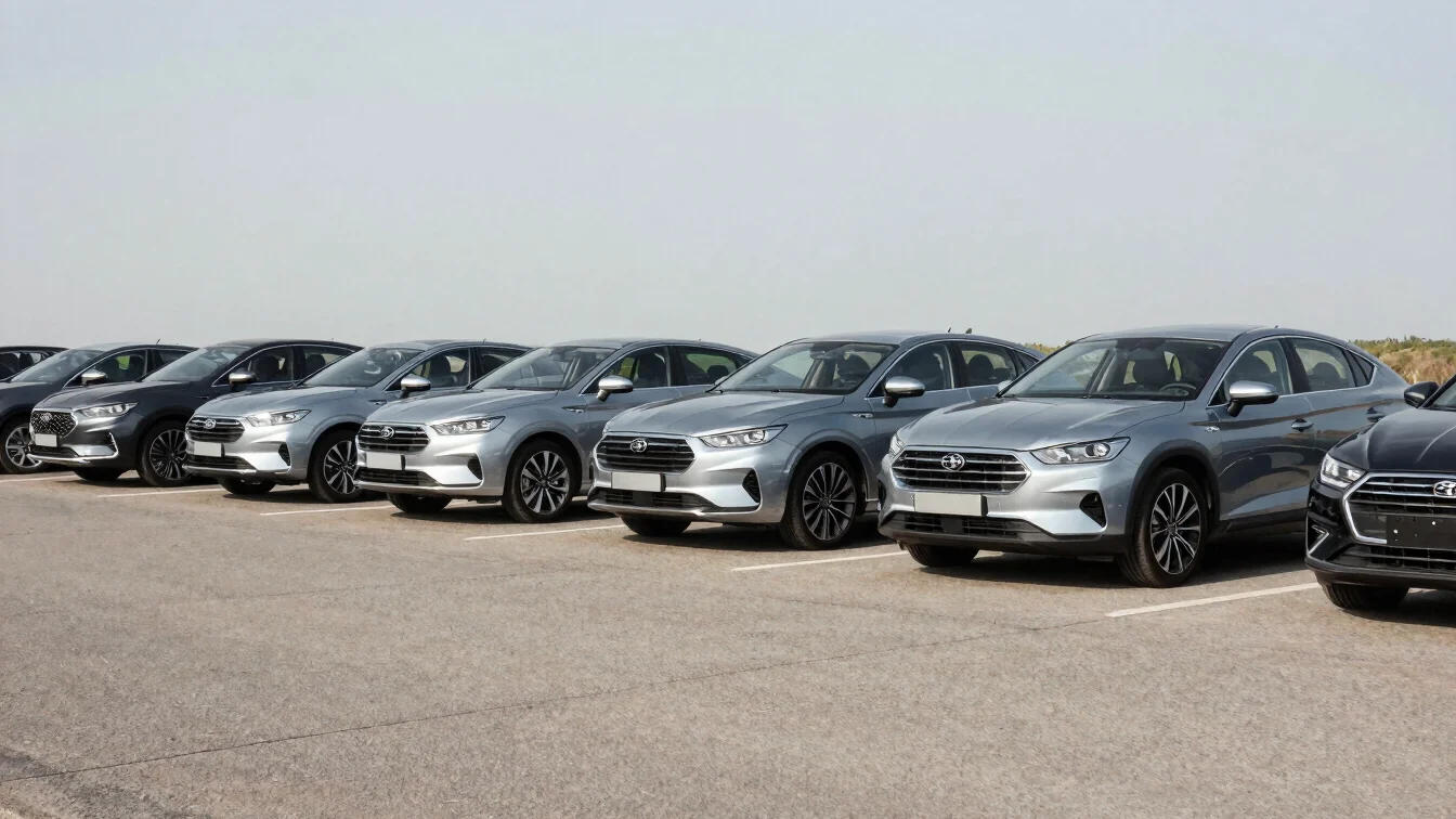 Editorial automotive photography, clean daylight, a row of curren