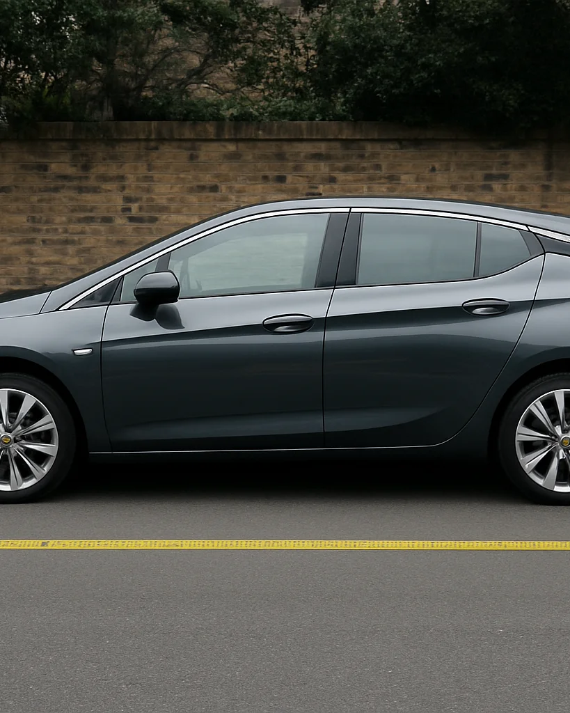 Editorial automotive photograph, clean daylight, a current road car parked on a quiet street beside a measuring tape on