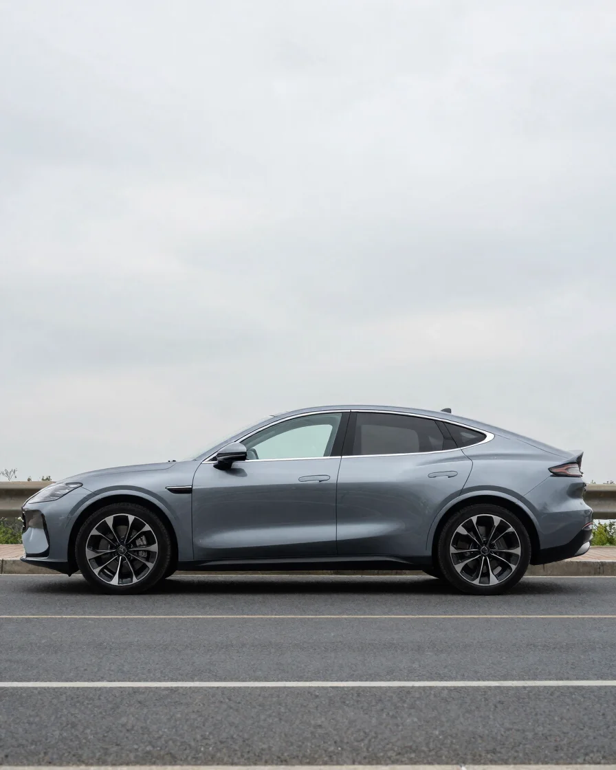 Editorial automotive photography in clean daylight: a current road car in profile on a neutral overcast street, restrain