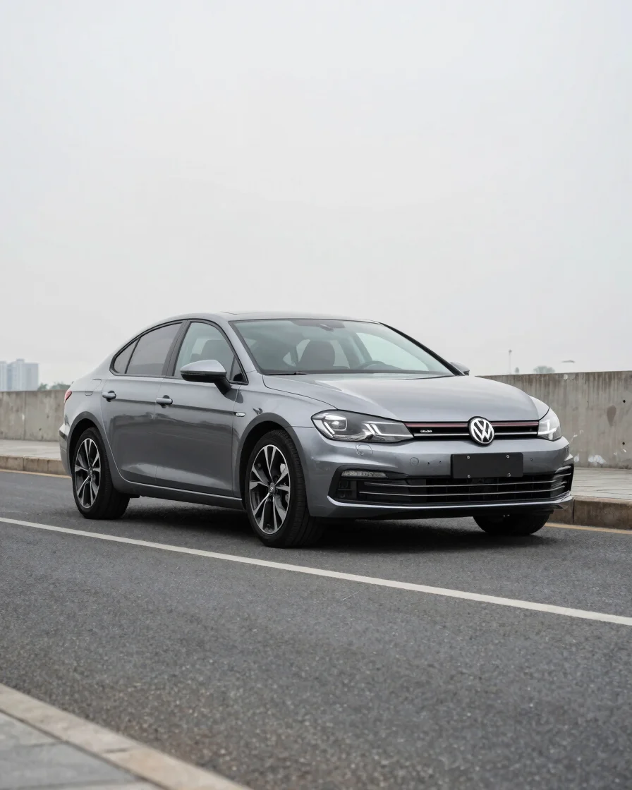 Editorial automotive photography, clean daylight, restrained charcoal and silver tones, a current road car three-quarter